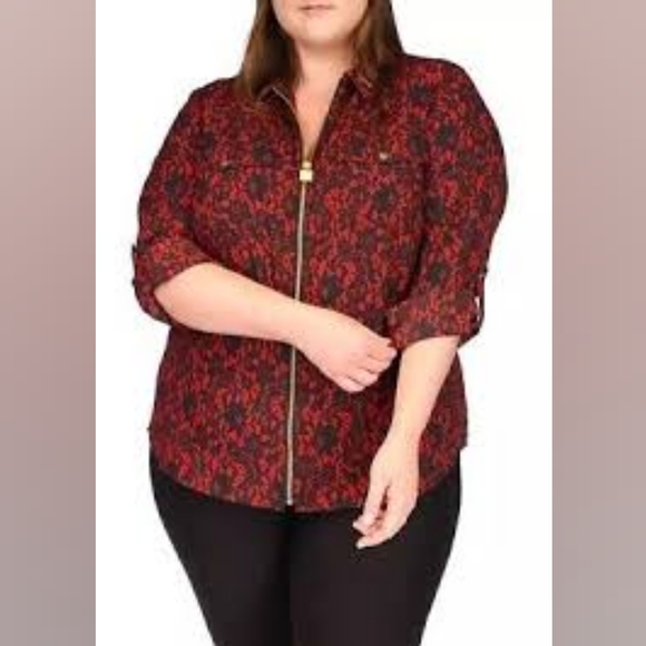 Michael Kors Tops - Michael Kors floral black/red zip front blouse 2x